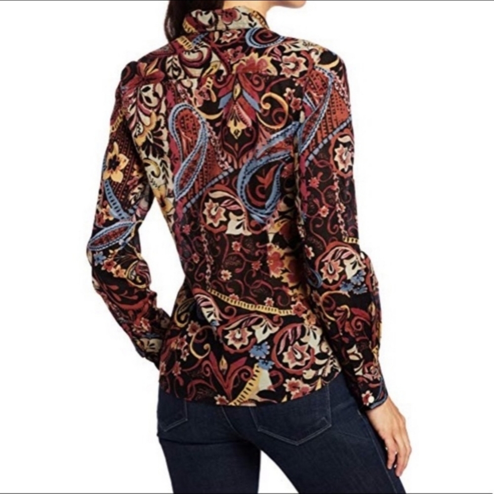 Lucky Brand Brown Multicolor BOHO Hippie Paisley Floral Print Top L